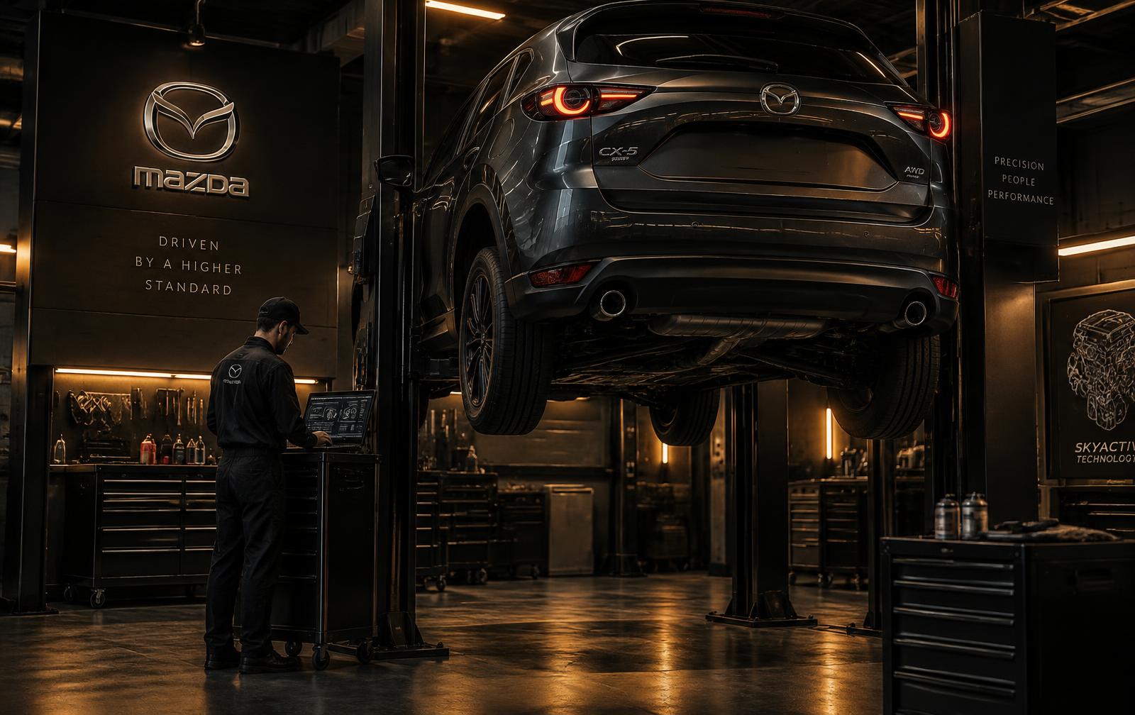 Mazda CX-5 på lyft i verkstad under diagnostik av 2.2 SKYACTIV-D dieselmotor